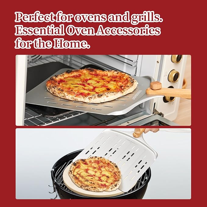 Perforated Pizza Peel, 12 inch Anodized Aluminum Pizza Spatula Paddle with Foldable Wood Handle, Lightweight Pizza Turning Peel for Baking Bread, Easy Storage Pizza Oven Accessories Tools