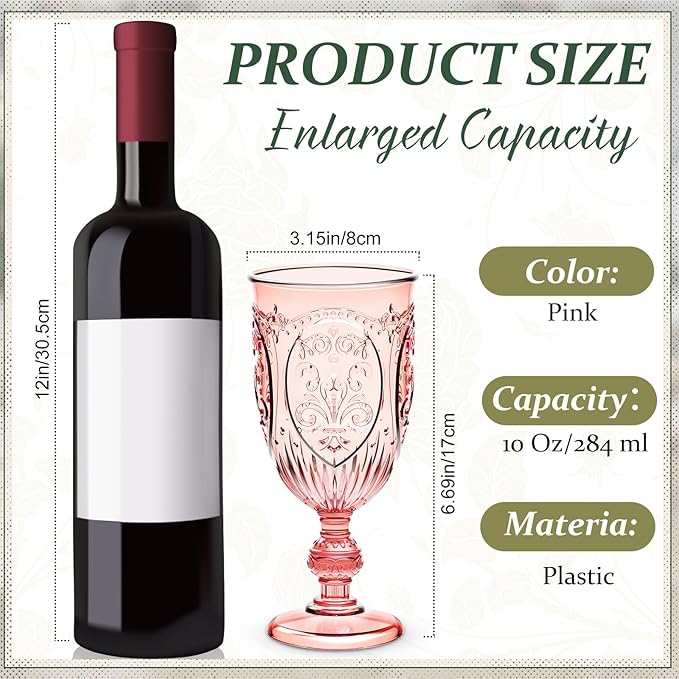 18 Pack Plastic Goblets 10oz Upgrade Vintage Water Goblet Plastic Wine Glasses Colored Retro Embossed Glassware for Party Wine Bar Juice Baby Shower Wedding Reception Grand (Pink)