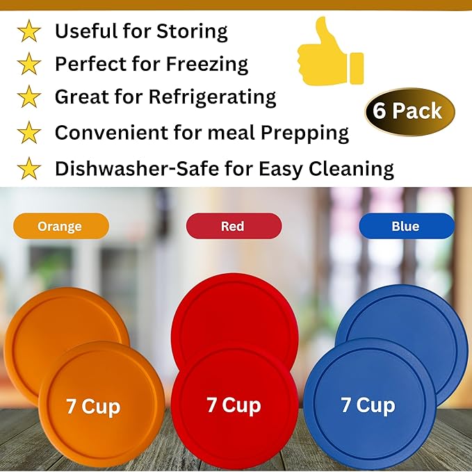 7 Cup/1.65 L Orange, Red, Blue Replacement Lids/Covers for Pyrex 7202-PC, 7 Cup/56oz Anchor Hocking & Klare Ware Storage Bowls *Lids Only* - *Glass Container Not Included* (4 Pack, Orange, Red, Blue)