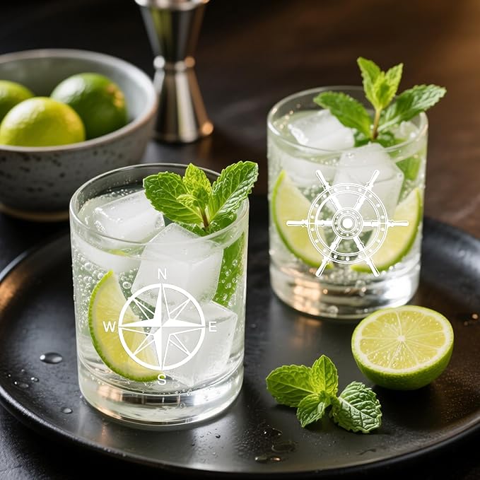 Futtumy Set of 4 Boat Whiskey Glass, Boating Gifts for Men, Nautical Gifts for Boat Lovers Owners Sailors, Anchor Compass Helm Life Ring Rock Glass for Birthday Christmas, 10oz