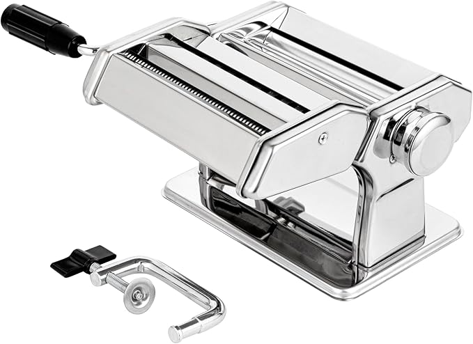 Met Lux Pasta Maker Machine, 1 Pasta Maker With 2 Cutter Attachments - 9 Adjustable Thickness Settings, 5 Piece Set, Stainless Steel Manual Machine, For Fettuccine, Spaghetti