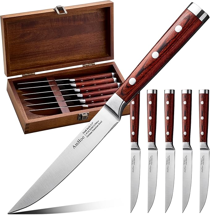 AmHoo Steak Knives Set of 6 Non Serrated 4.8-inch German High Carbon Stainless Steel Ultra Sharp Handle Pakkawood with Gift Wooden Box
