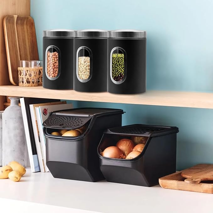 Canisters Sets for the Kitchen, 3pcs Sugar Flour Tea Coffee Storage Jars Stainless Steel Food Container Organizer for Kitchen Counter with Transparent Window (black)