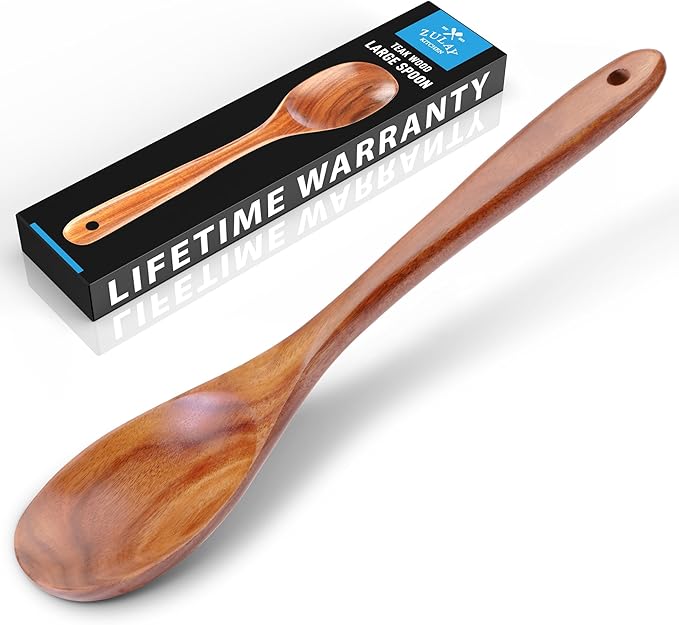 Zulay Kitchen Premium Large Teak Wooden Spoon For Cooking - Durable Wooden Cooking Utensil, Perfect Wooden Kitchen Utensil Set Addition, Smooth Finish Natural Teak Spoon, Non-Stick Wooden Spoon