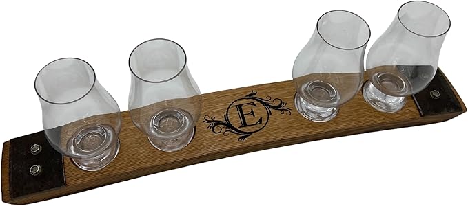 Personalized Premium 4 Glass Whiskey Flight/Engraved Center/Personalized Gift/Crystal Glass Option/Natural Oak Color (Circle Flourish)