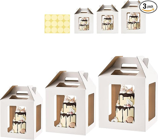 Tall Cake Boxes 6 Windows with handle, In 3 Size 10x10x10&12x12x12&14x14x14inch Cake Boxes,Square Cake Carrier,largeTake Out Transport Containers(3Pcs-White)