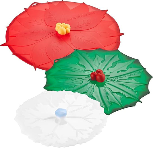 Charles Viancin Lids - Winter Themed - Airtight - 11-inch Poinsettia, 9-inch Holly, or 6-inch Winter Snowflake Christmas Designs (Set of Three Winter Lids), Red, Green, White