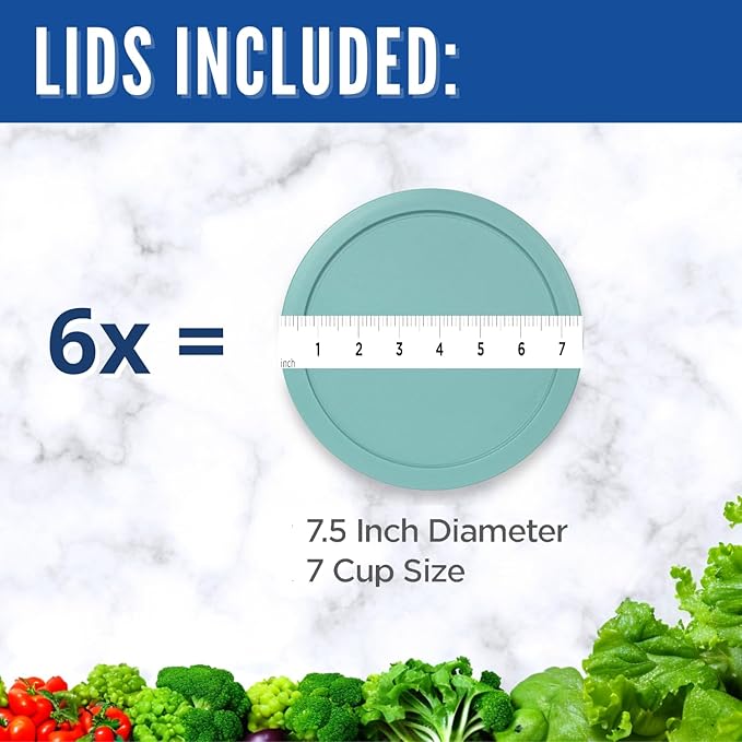 Replacement Lids for Pyrex 6 & 7-Cup Glass Food Storage Container Bowls, 7.5-Inch Plastic Round Lids Covers fits Pyrex 7402-PC, Airtight & Leakproof (6-Pack, Turquoise)