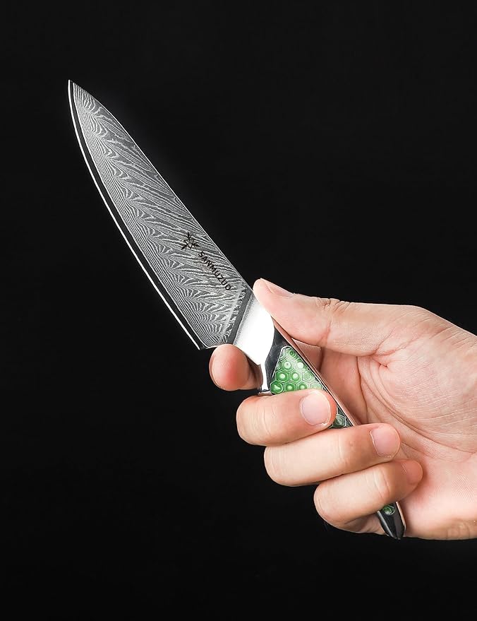 5 inch Utility Knife, Japanese VG-10 Damascus Steel Kitchen Knife, Ultra Sharp Fruit Knife with Full-tang Handle in Green Resin, LA-S9 Series