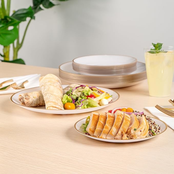 Restaurantware Plastic Plates 40 Pcs 7.13" and 10" Combo Gold Rimmed Plate Set Disposable Heavy-Duty White Translucent Rippled Plastic Dinner Servers for Party, Weddings, Salads, Desserts