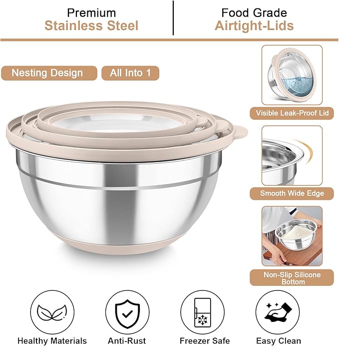 TeamFar Mixing Bowls with Colander Set, Stainless Steel Strainer and Nesting Salad Bowls, with Lids & 3 Graters, Non-Slip Bottom & Visible Lid, Rotatable & Dishwasher Safe, 4.6/3/1.5 QT, Khaki