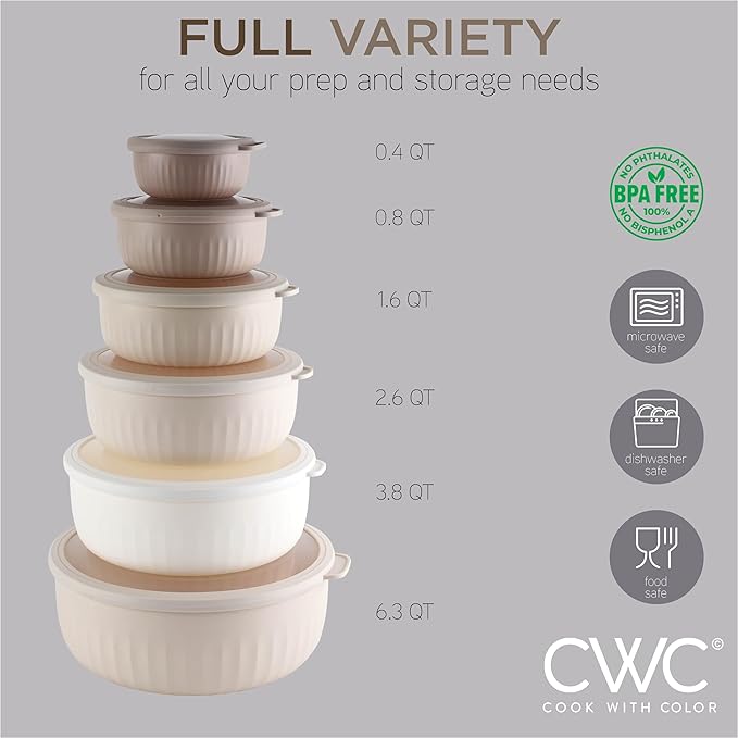 COOK WITH COLOR Prep Bowls with Lids- Wide and Deep Nesting Plastic Small Mixing Bowl Set with Lids, 12 Piece Set - Wide Bowls, Brown