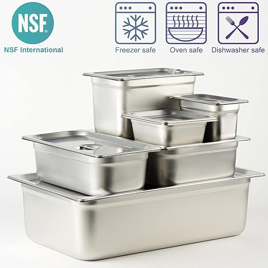 CURTA 6 Pack Anti-Jam Hotel Pans, 1/3 Size 4 Inch Deep, NSF Commercial 18/8 Stainless Steel Chafing Steam Table Pan, Catering Storage Metal Food Pan