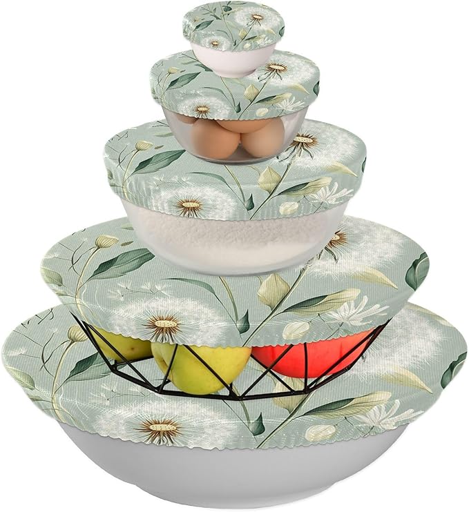 5 Pcs Bowl Covers Reusable in 5 Size Elastic Food Cover Cloth Lids Fresh Keeping Dish Cookware Bakeware Fabric Covers Lids for Food Leftovers Fruits Storage Sage Green Dandelion
