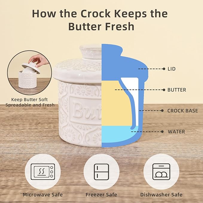 Butter Crock with Water Line, Ceramic Butter Keeper for Counter, French Butter Dish with Lid for Spreadable Fresh Butter (Vintage White)