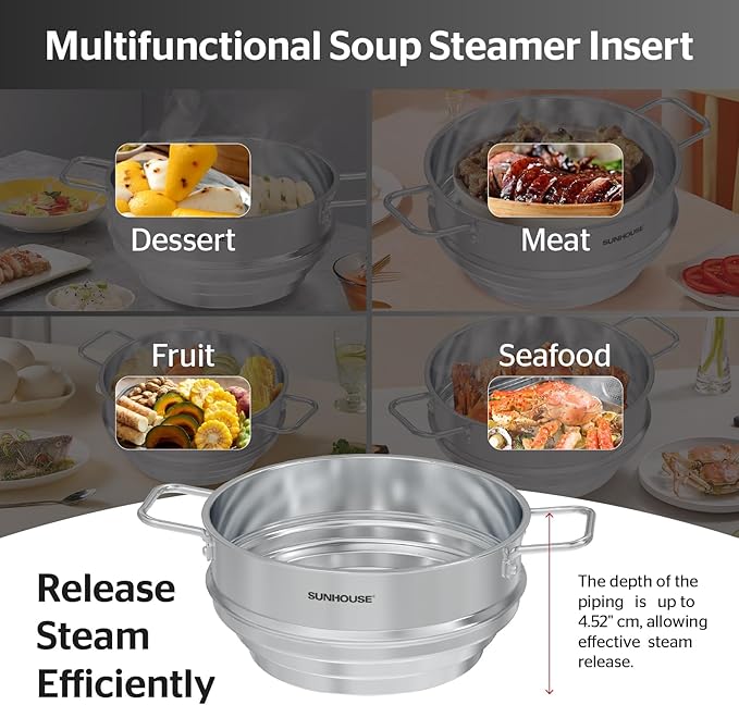 SUNHOUSE 5 Quart Stainless Steel Steamer Insert – Multi-Purpose Soup & Food Steamer with Stay-Cool Handles & Heavy-Duty Glass Lid – Fits Various Pot Sizes (8", 8.5", 9.5")