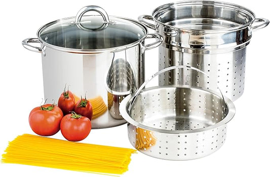 Culinary Edge Stainless Steel 8-Quart Nonstick 4-Piece Multi-Cooker with Steamer and Pasta Pot Cookware Set