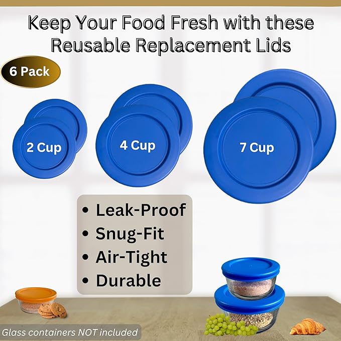 2, 4 & 7 Cup Blue Replacement Lids/Covers for Pyrex, Anchor Hocking & KlareWare Storage Bowls *Lids Only Glass Container Not Included* (6 Pack *Two of Each Size*)