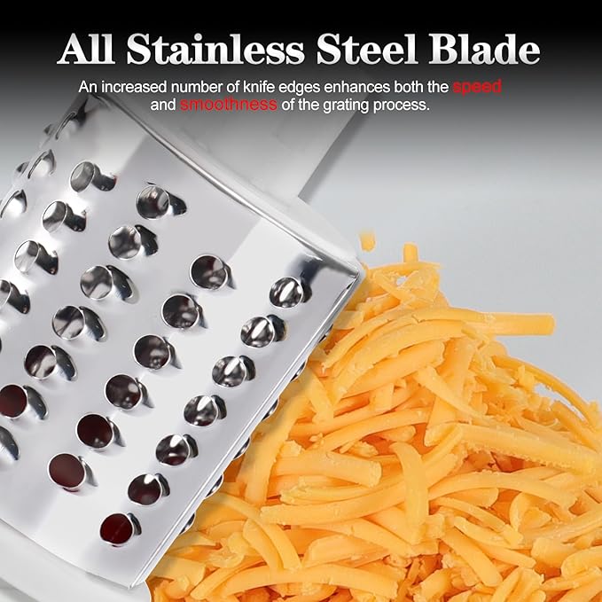 Ourokhome Rotary Cheese Grater Hand Crank, Kitchen Shredder Speed Mandolin Slicer Nut Grinder with Handle and Drum Blades for Cheese, Vegetable, Walnut, Chocolate, Potato, Carrot, 3 Blades, Dark Blue