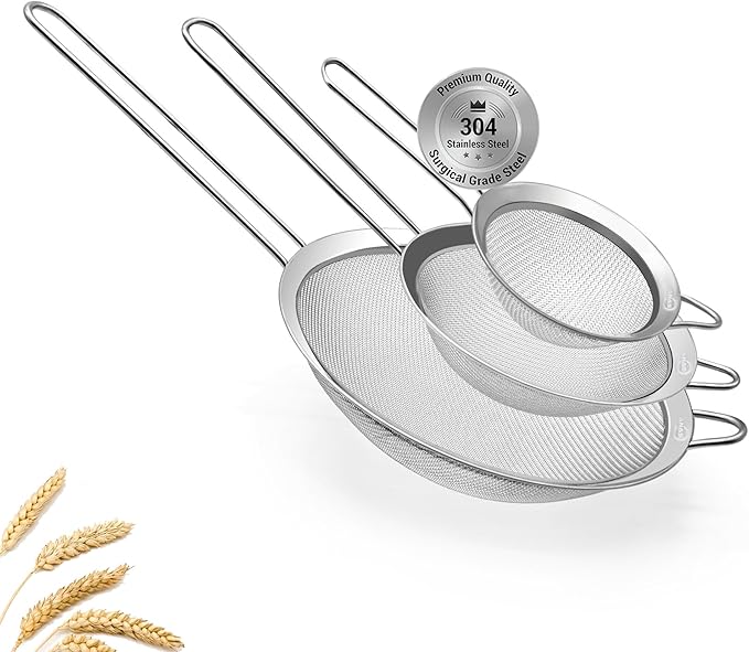 3 Fine Mesh Strainers Set with Handle for Kitchen - Sizes 7", 4.7", 3.3", Easy Clean 304 Stainless Steel, Comfortable Non-Slip Grip. Ideal for Tea, Coffee, Rice, Quinoa, Veggies & Fruits