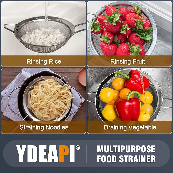 9" Large Fine Mesh Strainer with Handle, Metal Food Strainers for Kitchen, Sieve Fine Mesh Stainless Steel for Rice, Quinoa, Pasta, Noodles