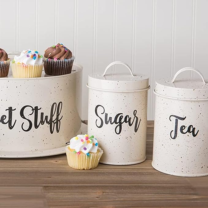 Amici Home Maddox Metal Tea Canister | Dry Food Storage Container | Speckled Cream Canister for Kitchen Countertop | Storage Jar for Tea with Handle | 44 Oz