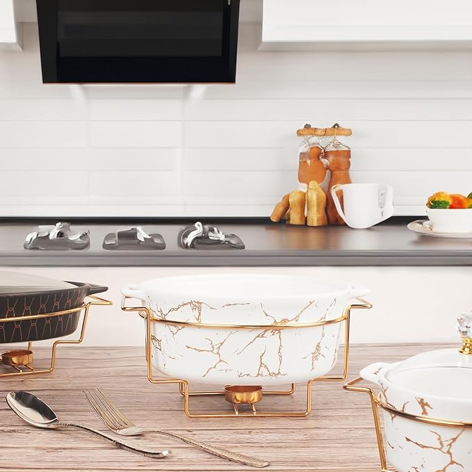 4.9 Inch Ceramic Mini Casserole Dish with Glass Lid and rack, 13.5 Oz Serving Soup Tureen, Chafing Dish for Individual Portion, Chocolate fondue, Fondue Pots Sets for Party Bakery Desserts