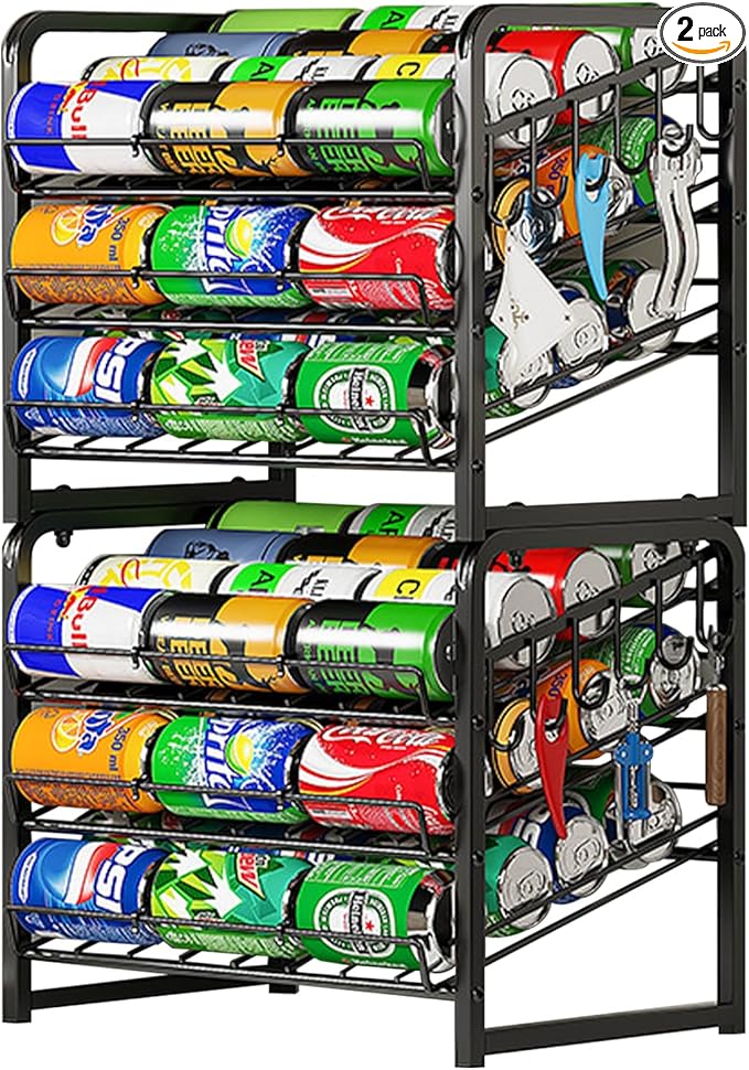 6-Tier Stackable Can Rack Organizer for Pantry, Adjustable Can Dispenser Holds Up to 60 Cans, with 12 hooks, Can Storage Holder for Various Ounces of Canned Food Soda Drinks, Black, 2 Pack