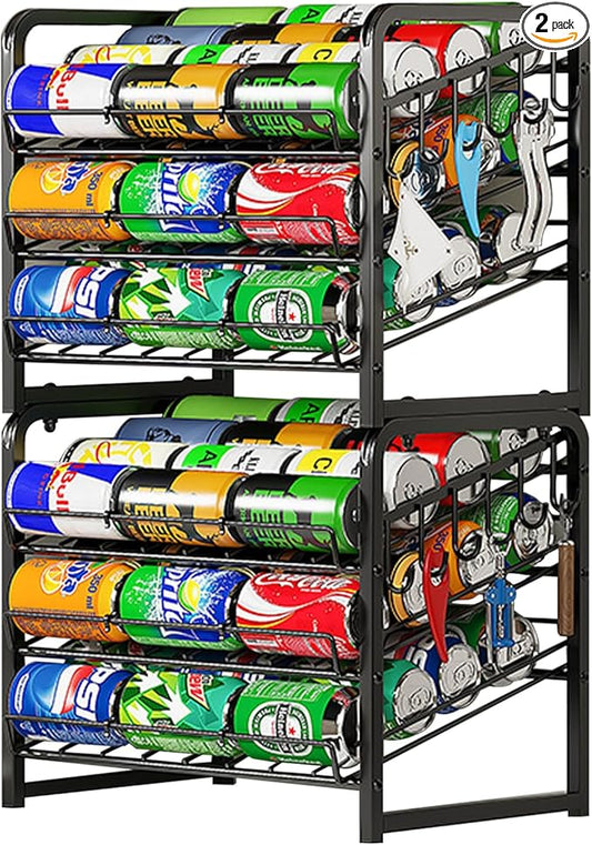 6-Tier Stackable Can Rack Organizer for Pantry, Adjustable Can Dispenser Holds Up to 60 Cans, with 12 hooks, Can Storage Holder for Various Ounces of Canned Food Soda Drinks, Black, 2 Pack