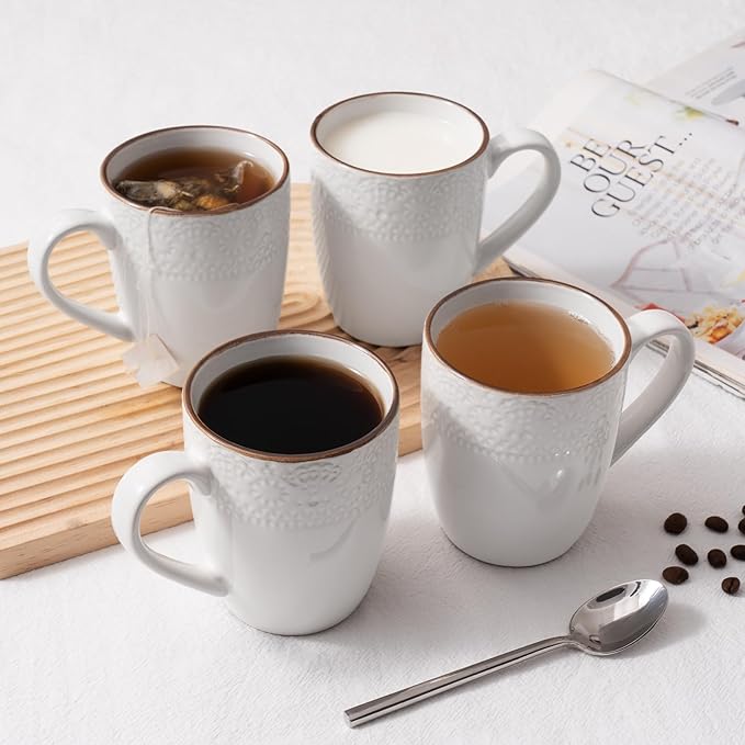 famiware Coffee Mugs Sets for 4, Eden 12 oz Mug Set, Coffee Cups with Handle for Coffee, Tea, Cocoa and Milk, Microwave and Dishwasher Safe, White Floral