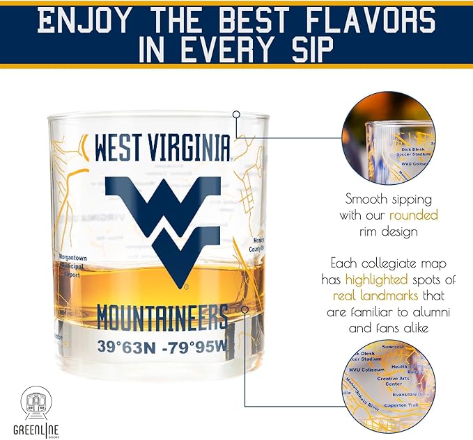Greenline Goods – University of West Virginia Mountaineers College Whiskey Glasses (Set of 2), 10 oz – Full-Color Logo + Campus Map