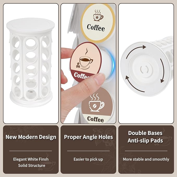 Coffee Pod Carousel Compatible with K-Cup Pods, K Cup Holder Holds 40 Coffee Capsule, New Modern Design for Kitchen Office Countertop or Coffees Station Organizer, Detachable (White)