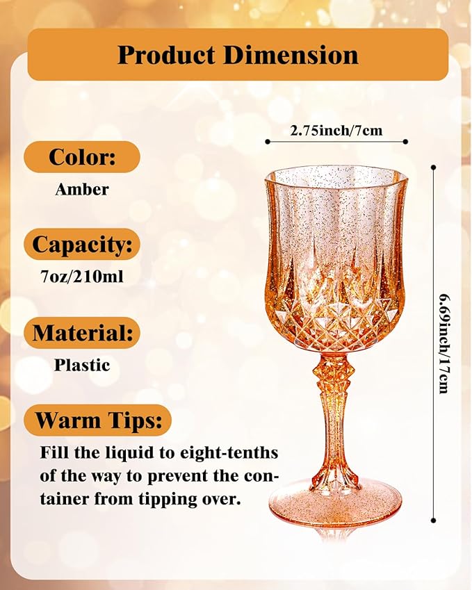 Ciaell 24PCS Rose Gold with Glitter Plastic Wine Glasses - 7 Oz Vintage Drinking Glasses with Rose Gold Glitter - Disposable Water Goblets Set for Party Wedding, Bar, Wine, Beer & Thanksgiving
