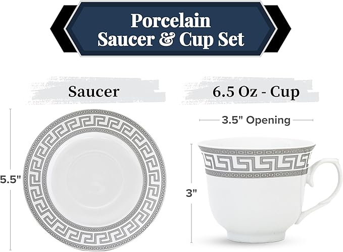 Luxurious Porcelain Tea Set - 8 Piece Vintage Tea Party Set - White with Silver Greek Key Design - 5.5 Inch Saucers, 6.5 oz Cups - For Every Day Use or Formal Occasions (Meander Silver 3008, 8 Piece)