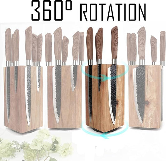 Resafy Magnetic Knife Wooden Block 360 Rotatable Knife Holder Rack with Strong Enhanced Magnets, Acacia Wood & Stainless Steel, Modern Black Style