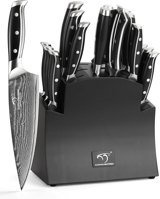 16-Piece Damascus Knife Set with Block - VG10 67-Layer Steel, Razor Sharp, Triple-Rivet Handles, 6 Steak Knives, Meat Fork, Sharpener & Scissors, Black