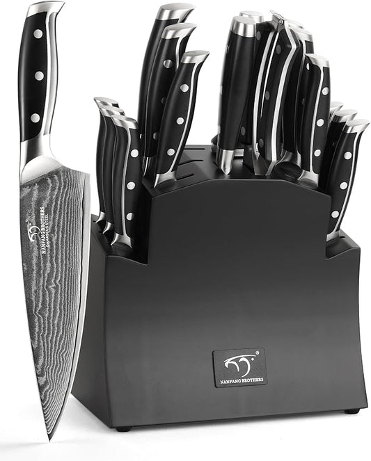 16-Piece Damascus Knife Set with Block - VG10 67-Layer Steel, Razor Sharp, Triple-Rivet Handles, 6 Steak Knives, Meat Fork, Sharpener & Scissors, Black