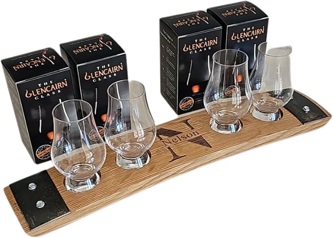 Personalized Premium 4 glass whiskey flight/engraved center/personalized gift/Crystal glass option/Natural oak color (Split Letter monogram)