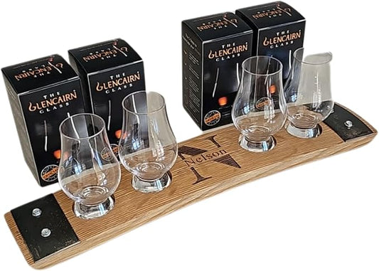 Personalized Premium 4 glass whiskey flight/engraved center/personalized gift/Crystal glass option/Natural oak color (Split Letter monogram)