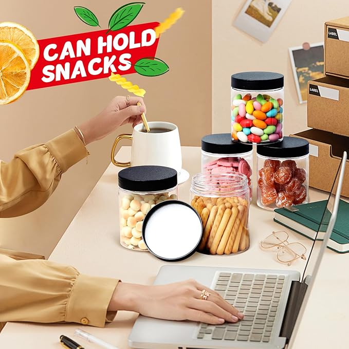 48 PCS 8 OZ Plastic Jars with Screw On Lids,Labels Refillable Empty Round Slime Containers for Storing Dry Food, Honey Jam, Cream, Butter, Lotion, black