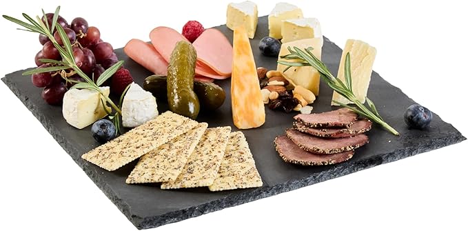 Restaurantware Slate Serving Trays 4 Pack of 12 x 12" Foam Feet Charcuterie Stone Plates Rustic Edges Freezable Black Square Serving Display Cheese Boards for Kitchen, Gourmet, Dining, Parties