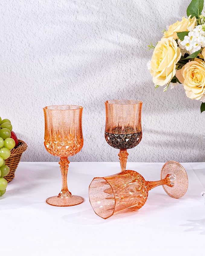 Ciaell 24PCS Rose Gold with Glitter Plastic Wine Glasses - 7 Oz Vintage Drinking Glasses with Rose Gold Glitter - Disposable Water Goblets Set for Party Wedding, Bar, Wine, Beer & Thanksgiving