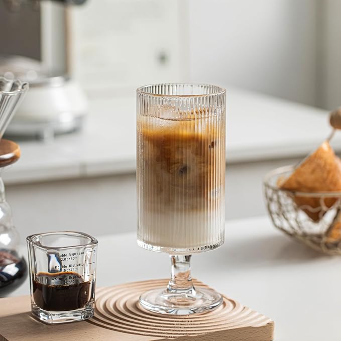 INSETLAN Set of 4 Ribbed Glass Goblets – 12oz Vertical Stripe Stemmed Glassware for Cocktails, Wine, and Beverages – Elegant Durable Glass Cups for Parties, Weddings, and Everyday Use