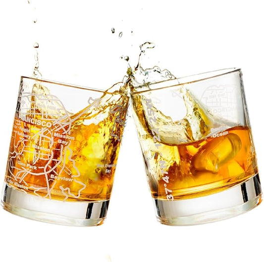 Greenline Goods Whiskey Glasses - 10 Oz Tumbler Gift Set for San Francisco lovers, Etched with San Francisco Map | Old Fashioned Rocks Glass - Set of 2