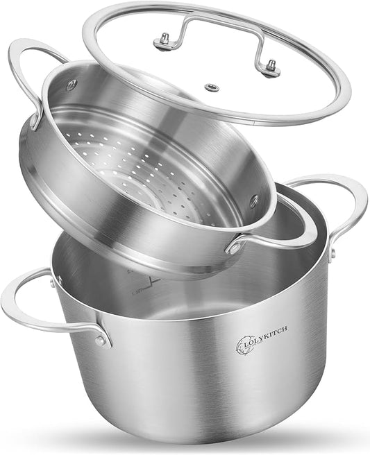LOLYKITCH Tri-ply Stainless Steel 5 QT Stock Pot with Steamer,Induction Cooking Pot,Pots and Pans,Heavy Duty,Dishwasher and Oven Safe.