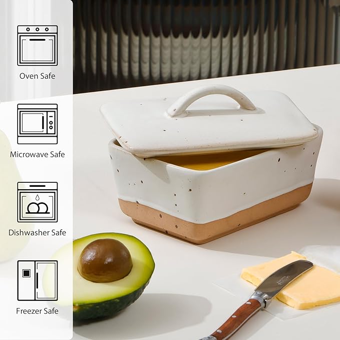 NUTRIUPS Ceramic Butter Dish with Lid for Countertop, Vintage European Butter Holder with Lid, Covered Butter Dish,Holds 1 Stick (White, Uniform size)