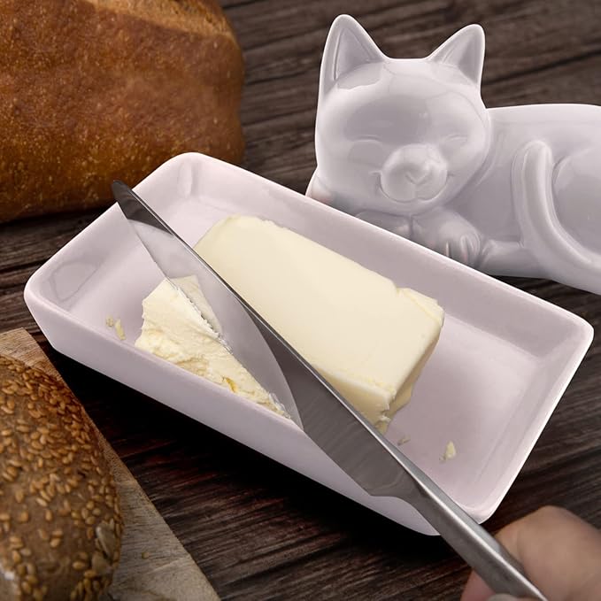 Adorable Cat Ceramic Butter Dish - Unique and Versatile Kitchen Accessory - Durable and Creative Way to Store and Serve Butter