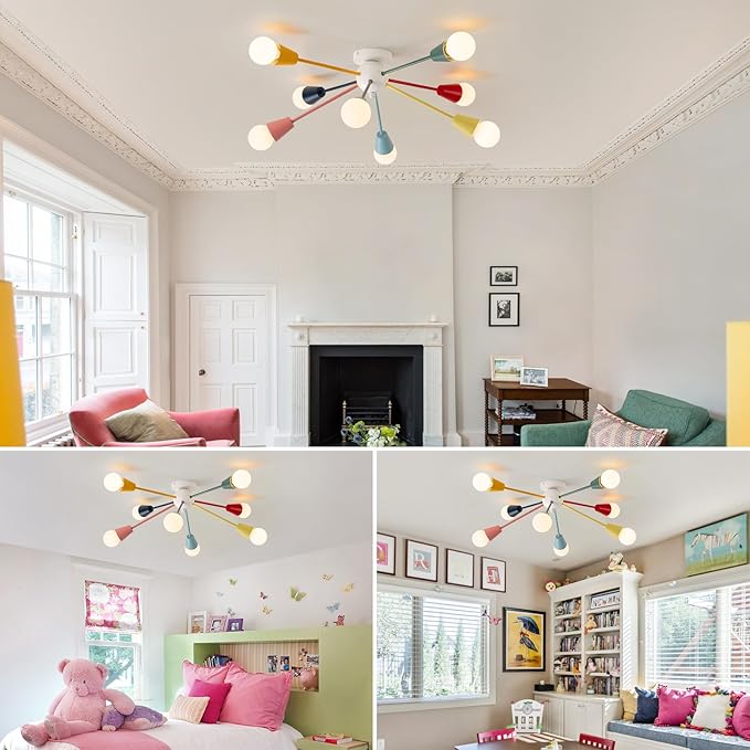 Colorful Chandelier, 8-Light Modern Sputnik Chandelier, Kids Ceiling Light with Multi Color Rainbow Semi Flush Mount Ceiling Lights for Living Room Dining Room Bedroom Playroom E26 Base