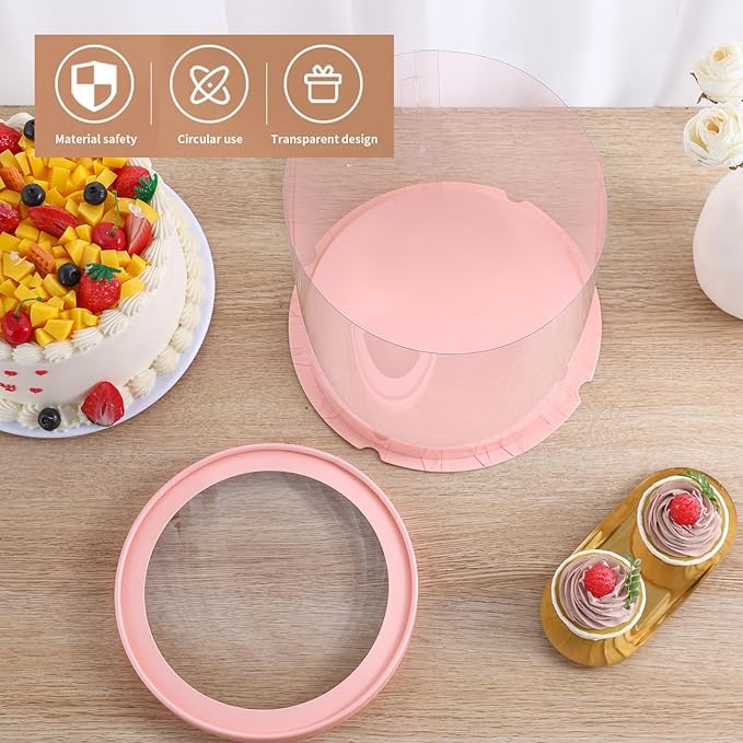 6Pcs Clear Pink Cake Boxes with Ribbon 8.5*9.5inch Round Transparent Cake Containers Tall Tiered Bakery Box 7inch and 6inch Cake Carrier Packaging Boxes for Birthday Party (Pink, Round 8.5inch/6pcs)