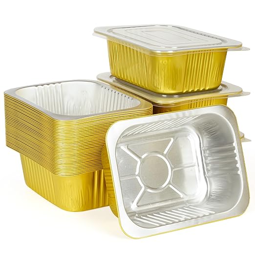 40 Pack 3 LB Gold Aluminum Foil Pans with Lids, 8.7"×6.6"×2.5" Heavy Duty Aluminum Foil Baking Pans, Tin Foil Food Container for Baking, Heating, Cooking, Roasting, Meal Prep, Freezer